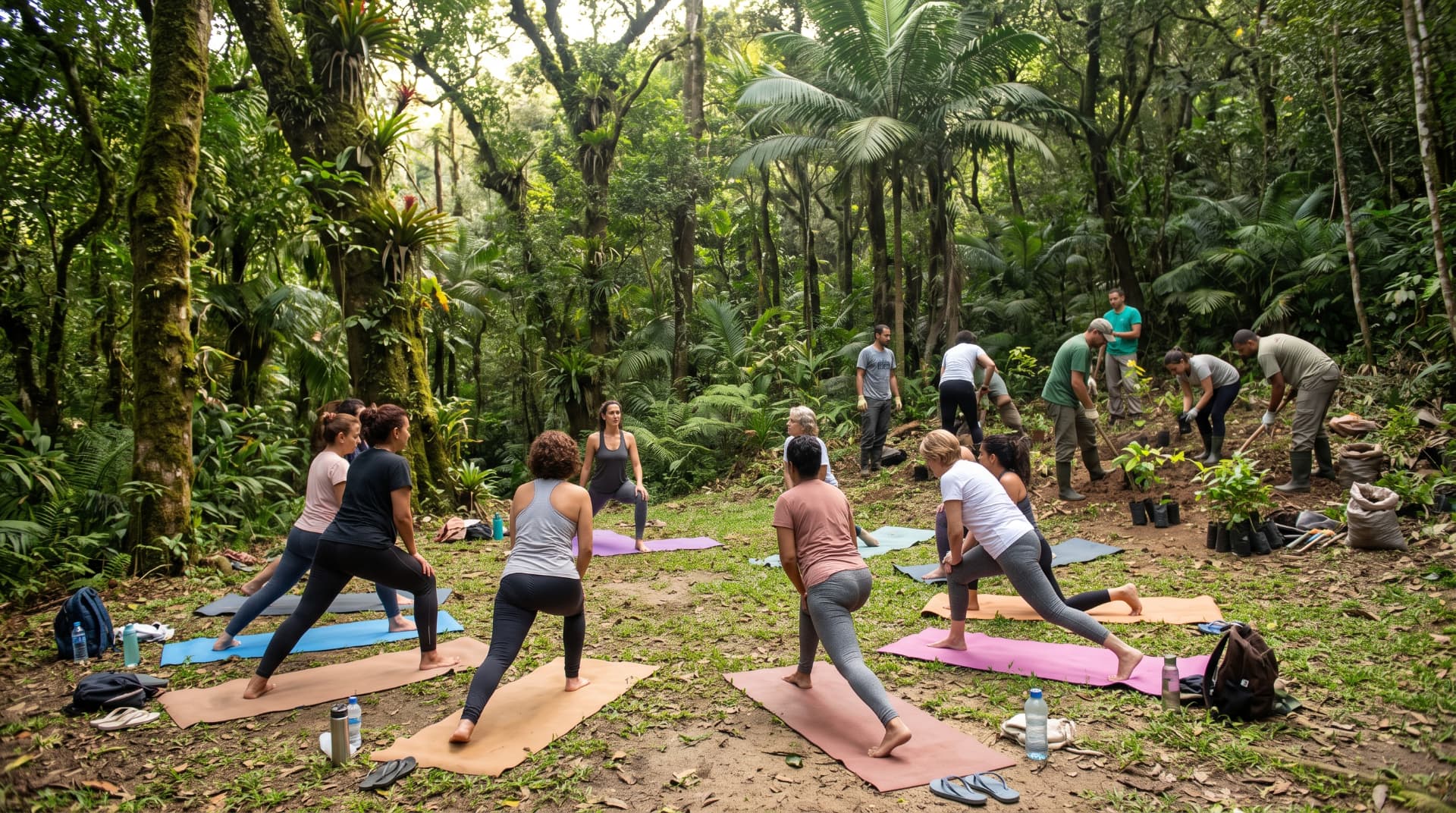 Grupo praticando yoga na natureza e voluntários plantando mudas na floresta